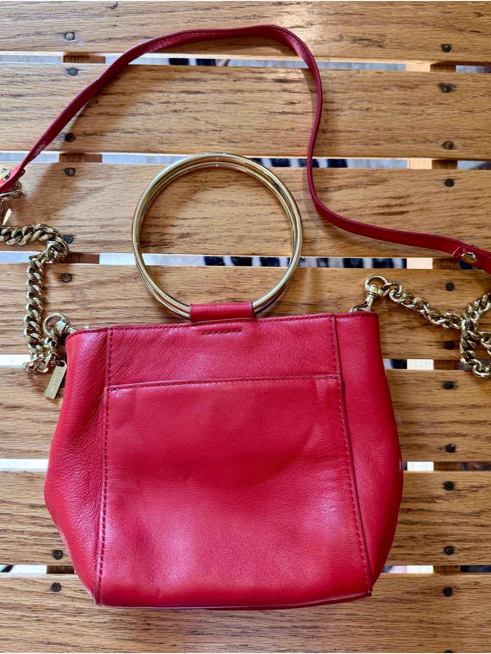 Red Leather Crossbody with Gold Ring Handle and Chain Strap